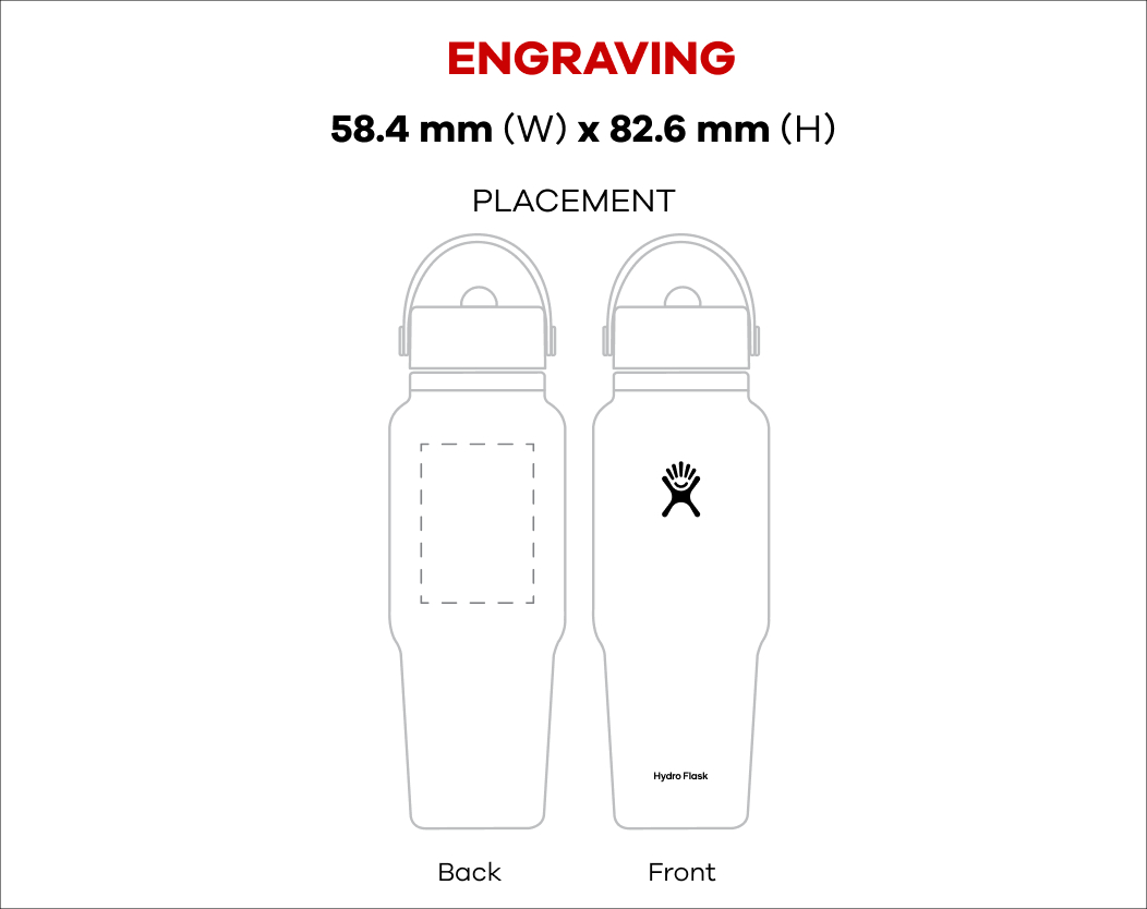 32 oz Travel Bottle w/ Flex Sip Lid bottle outline: Engraving 2.3 in (W) x 3.25 in (H) Placement Front Side & Back Side | Printing 8 in (W) x 3.25 in (H) Placement Front Side & Back Side