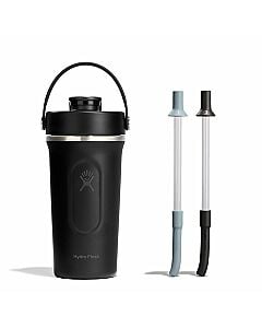 hydro flask shaker bottle in black next to shaker straw lid pack in shale gray and black